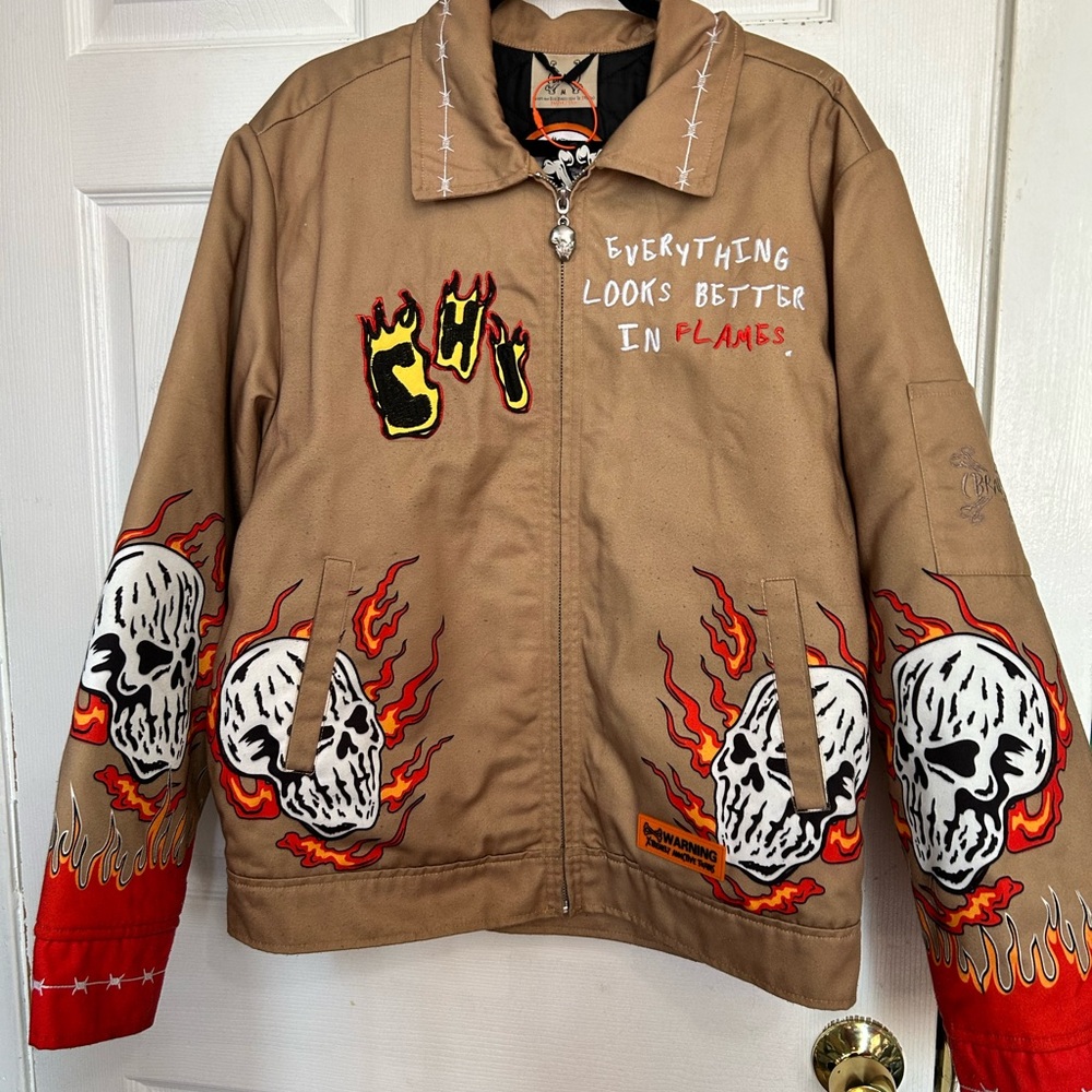 Tan Jacket with Skull and Flame Design